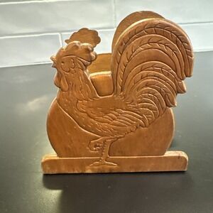 Vintage Wood Rooster Napkin  Mail Holder Wooden Brown Kitchen Decor Farmhouse